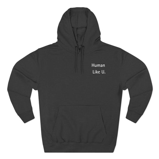 Close-up of a comfortable hoodie with 'Human Like U.' text branding on a white background. This essential piece of lesbian clothing is perfect for a relaxed lesbian style and authentic lesbian fashion.