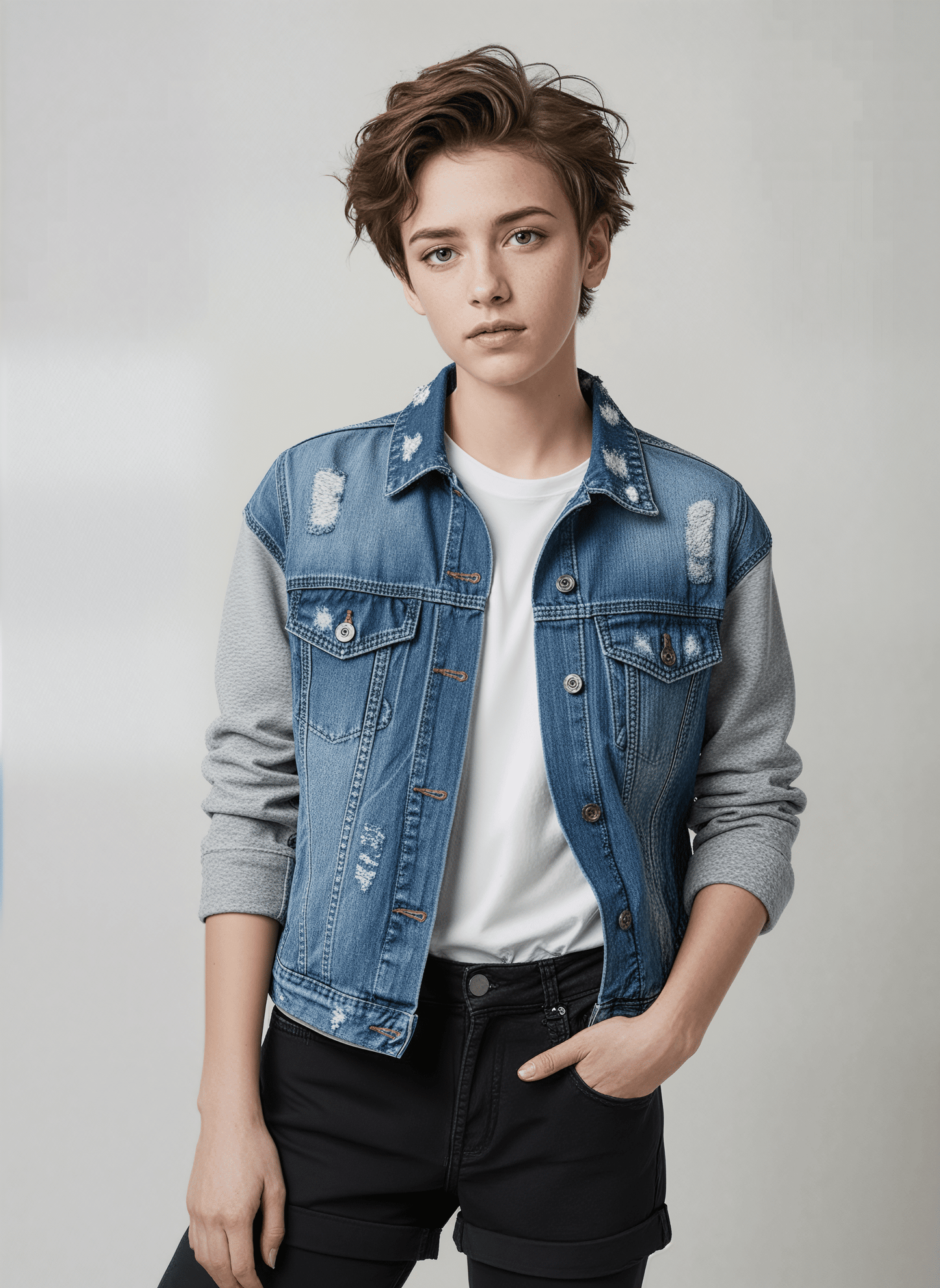 Person wearing a classic denim jacket layered over a crisp white shirt against a plain background. This comfortable lesbian outfit is a perfect example of casual lesbian fashion and authentic lesbian style.