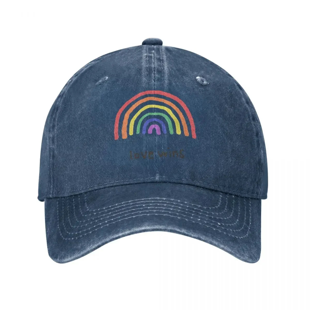Rainbow 'Love Wins' cap accessory on white background. A must-have piece of lesbian clothing that completes any lesbian outfit and defines your lesbian style.