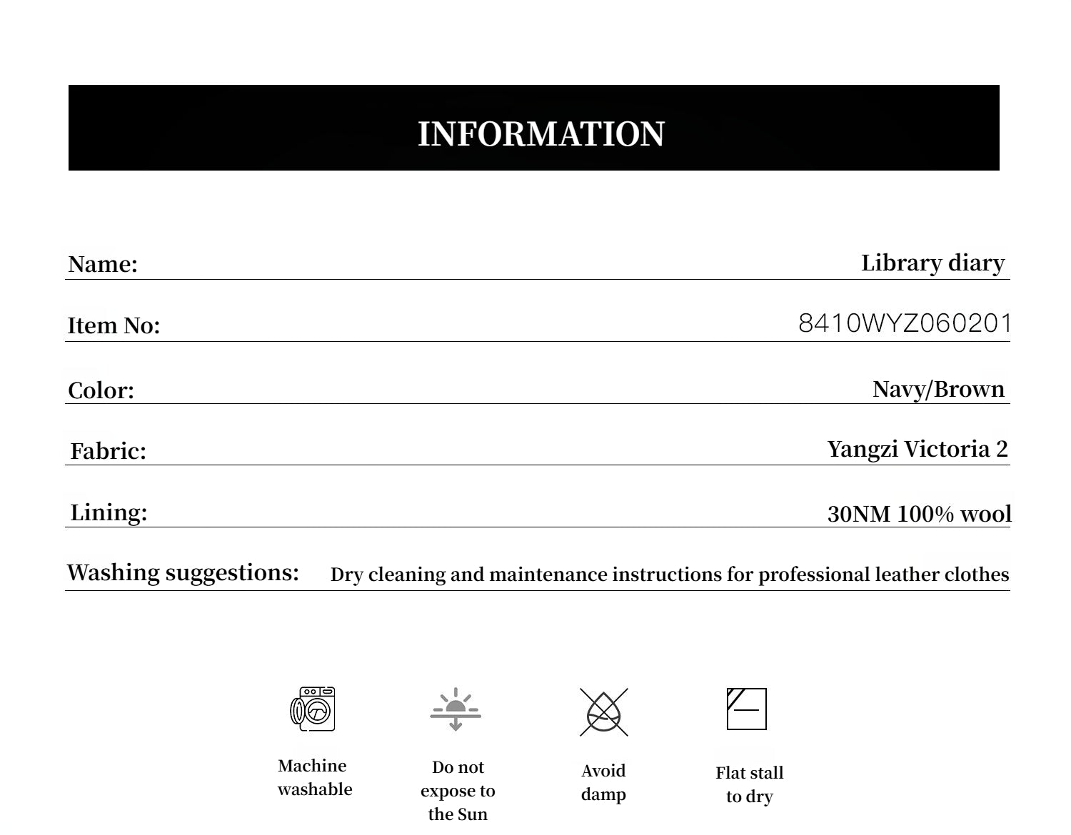 Product label with details of a 'Library diary' including name, item number, color, fabric, lining, and washing instructions.