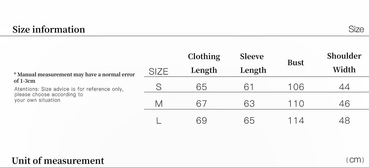 Size chart for clothing with measurements in centimeters
