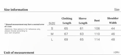 Size chart for clothing with measurements in centimeters