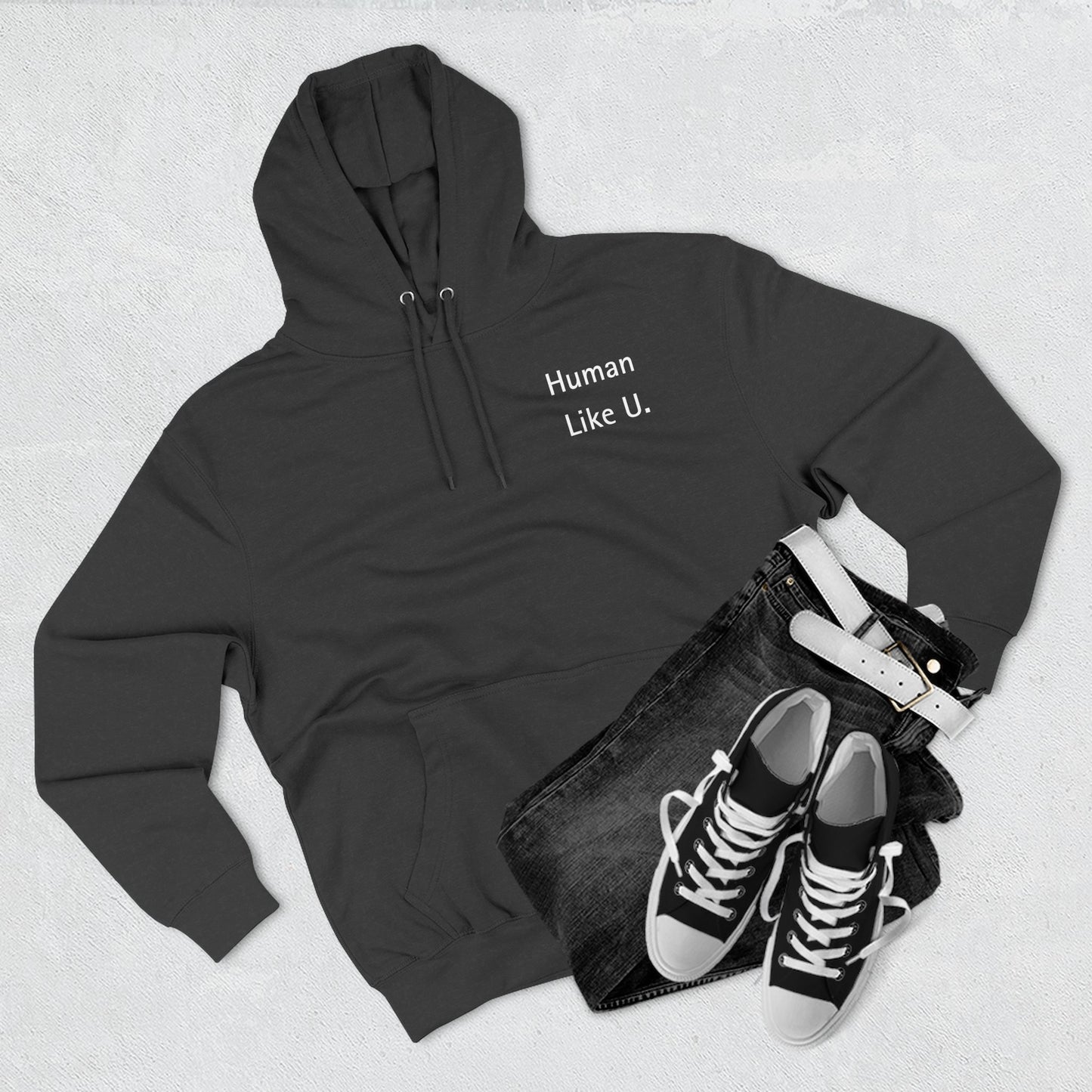 Close-up of a comfortable hoodie with 'Human Like U.' text branding on a white background. This essential piece of lesbian clothing is perfect for a relaxed lesbian style and authentic lesbian fashion.