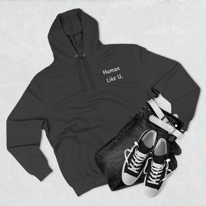 Close-up of a comfortable hoodie with 'Human Like U.' text branding on a white background. This essential piece of lesbian clothing is perfect for a relaxed lesbian style and authentic lesbian fashion.