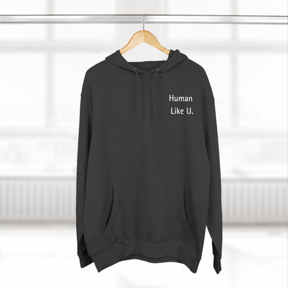 Close-up of a comfortable hoodie with 'Human Like U.' text branding on a white background. This essential piece of lesbian clothing is perfect for a relaxed lesbian style and authentic lesbian fashion.