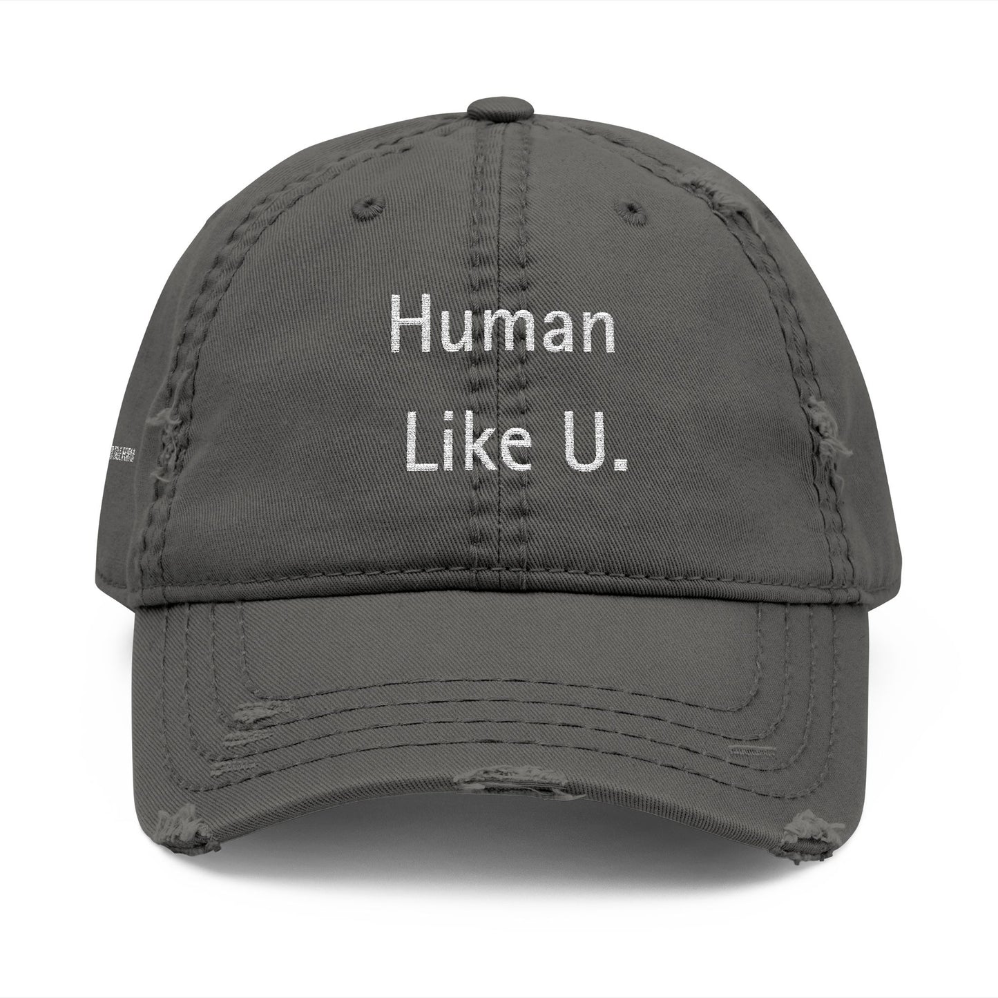 Close-up of a stylish gray cap with clear 'Human Like U.' text branding on a white background. This versatile headwear is an essential accessory for authentic lesbian style and confident lesbian fashion.