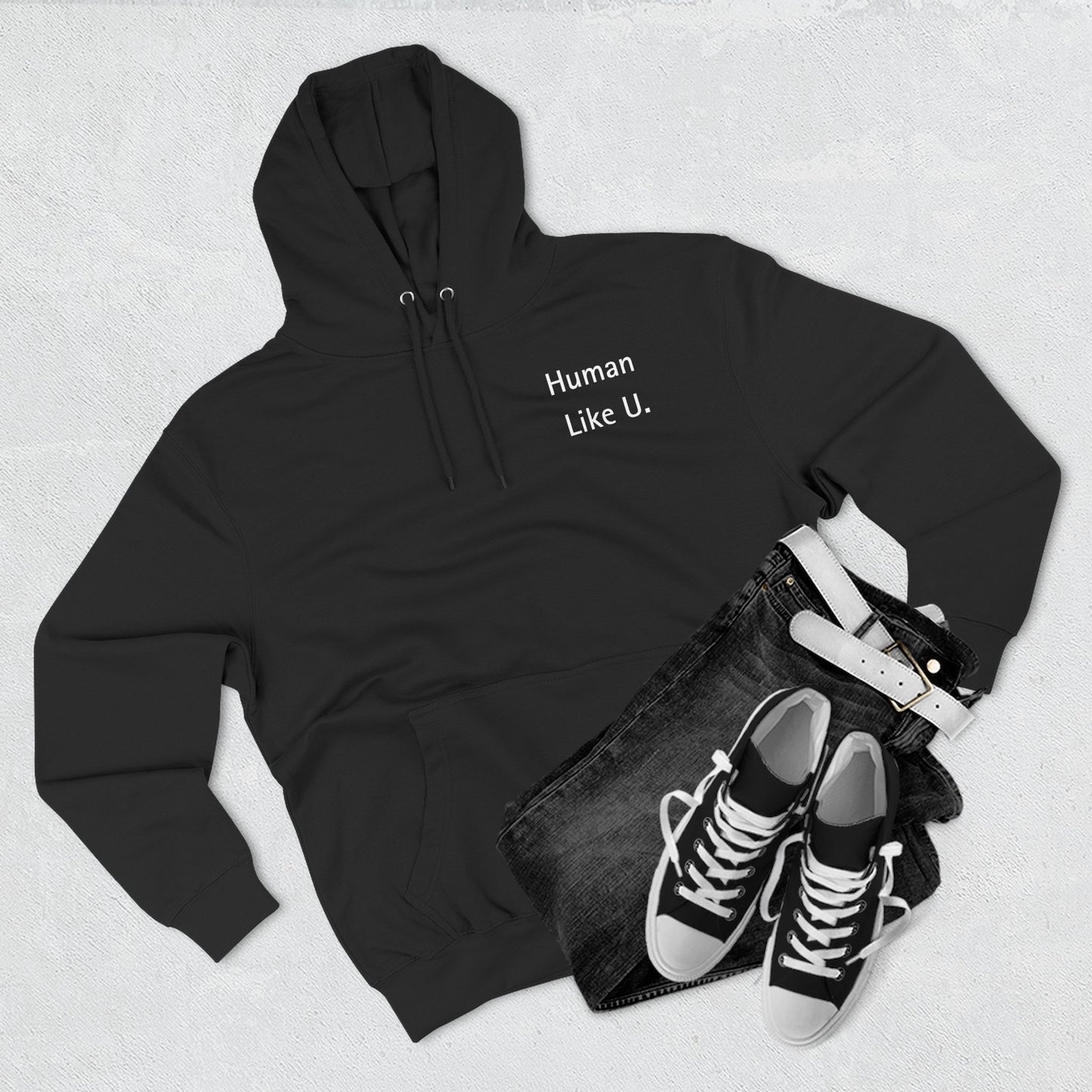 Close-up of a comfortable hoodie with 'Human Like U.' text branding on a white background. This essential piece of lesbian clothing is perfect for a relaxed lesbian style and authentic lesbian fashion.