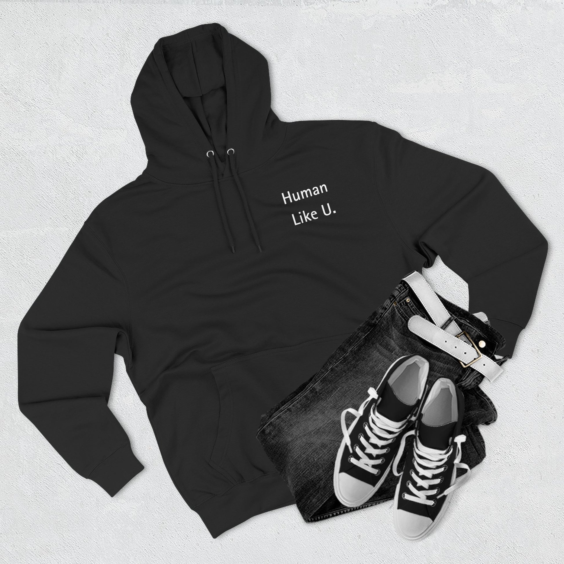 Close-up of a comfortable hoodie with 'Human Like U.' text branding on a white background. This essential piece of lesbian clothing is perfect for a relaxed lesbian style and authentic lesbian fashion.