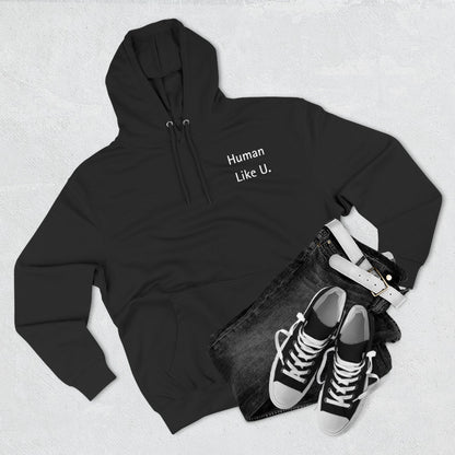 Close-up of a comfortable hoodie with 'Human Like U.' text branding on a white background. This essential piece of lesbian clothing is perfect for a relaxed lesbian style and authentic lesbian fashion.