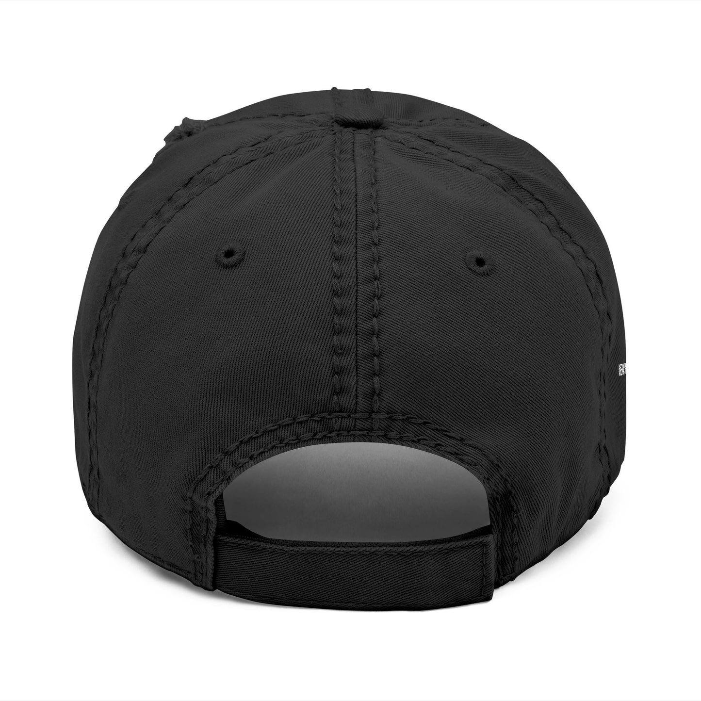 Black cap with visible stitching on a white background