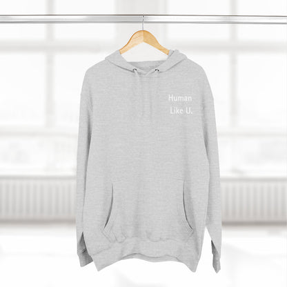 Close-up of a comfortable hoodie with 'Human Like U.' text branding on a white background. This essential piece of lesbian clothing is perfect for a relaxed lesbian style and authentic lesbian fashion.
