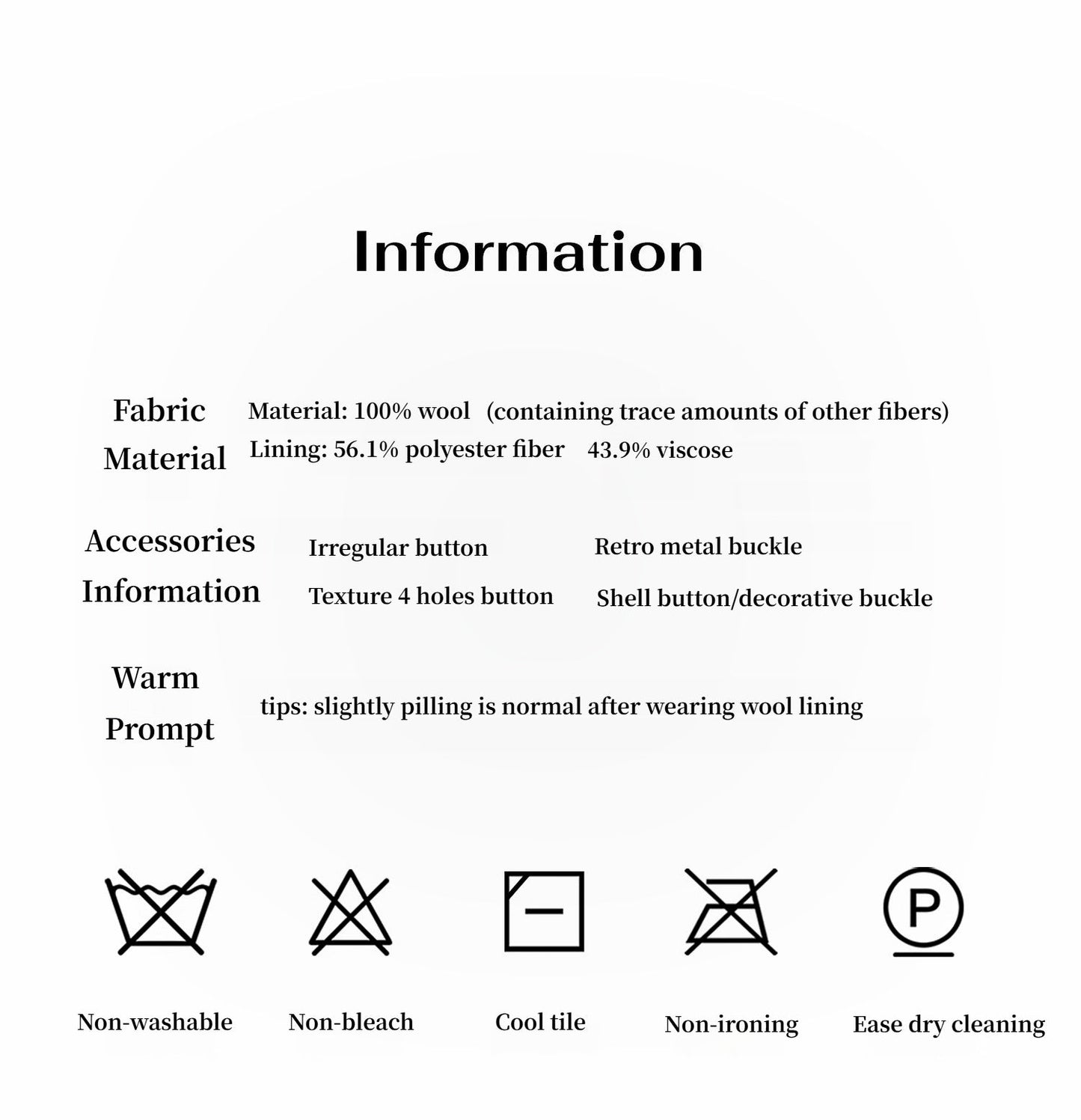 Textual information about fabric, material, accessories, and care instructions on a white background.