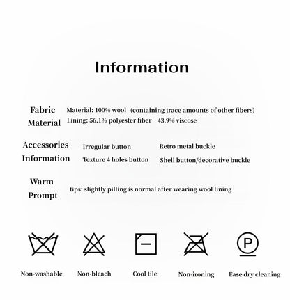 Textual information about fabric, material, accessories, and care instructions on a white background.