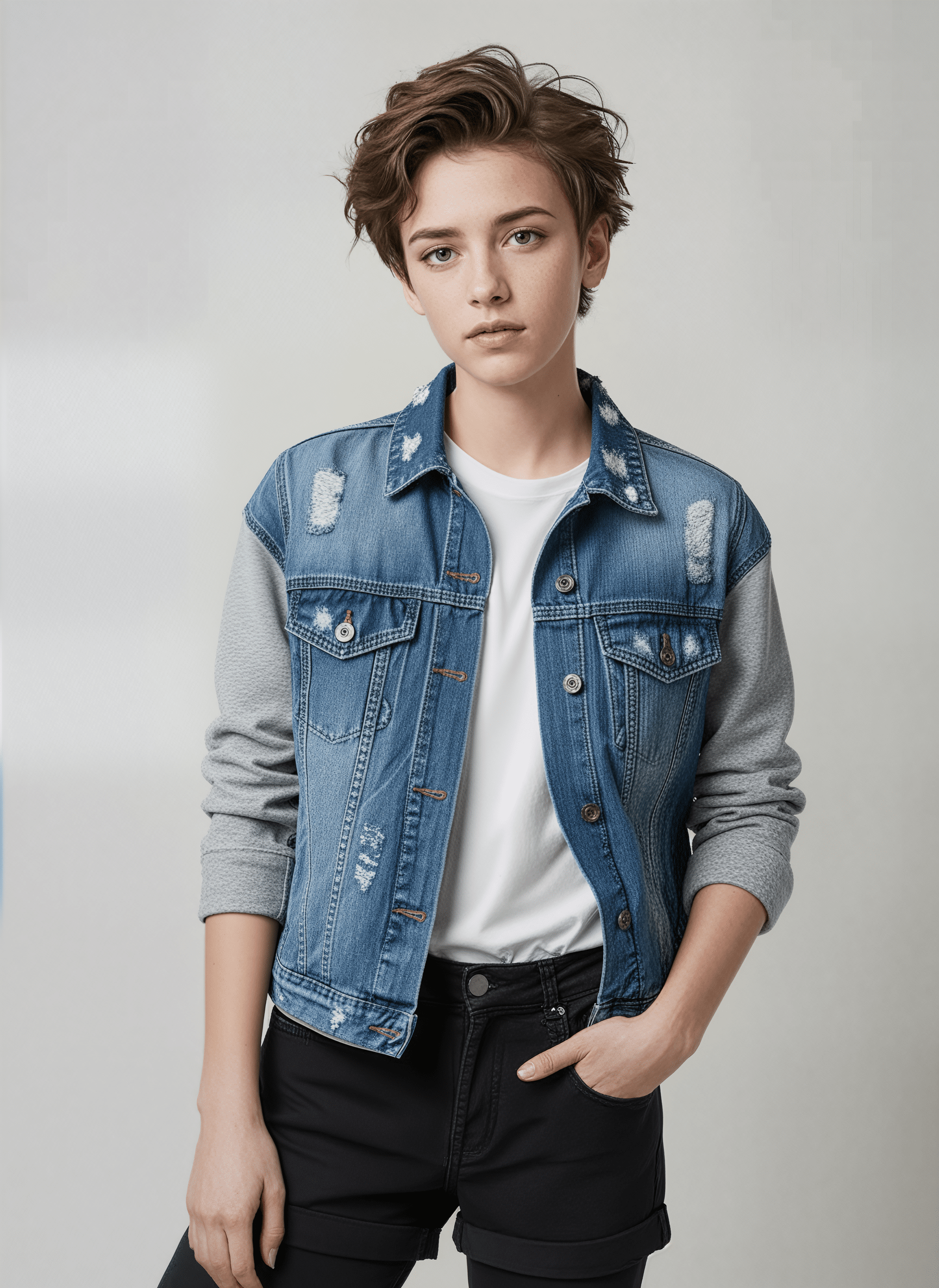 Person wearing a classic denim jacket layered over a crisp white shirt against a plain background. This comfortable lesbian outfit is a perfect example of casual lesbian fashion and authentic lesbian style.