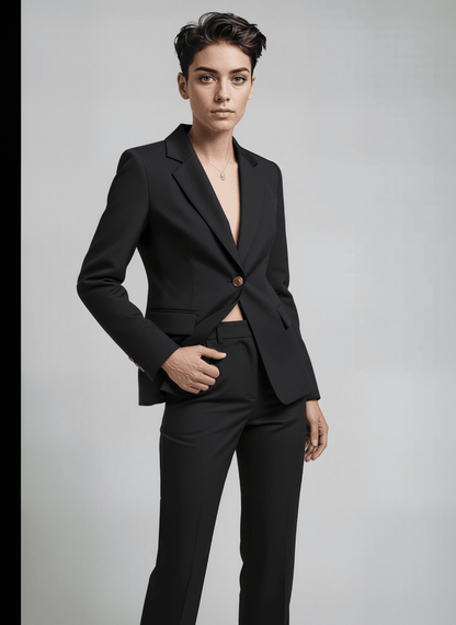 Person wearing a sharp black suit with a unique high-low hem detail against a gray background. This striking lesbian outfit is a perfect example of formal lesbian fashion and confident lesbian style.