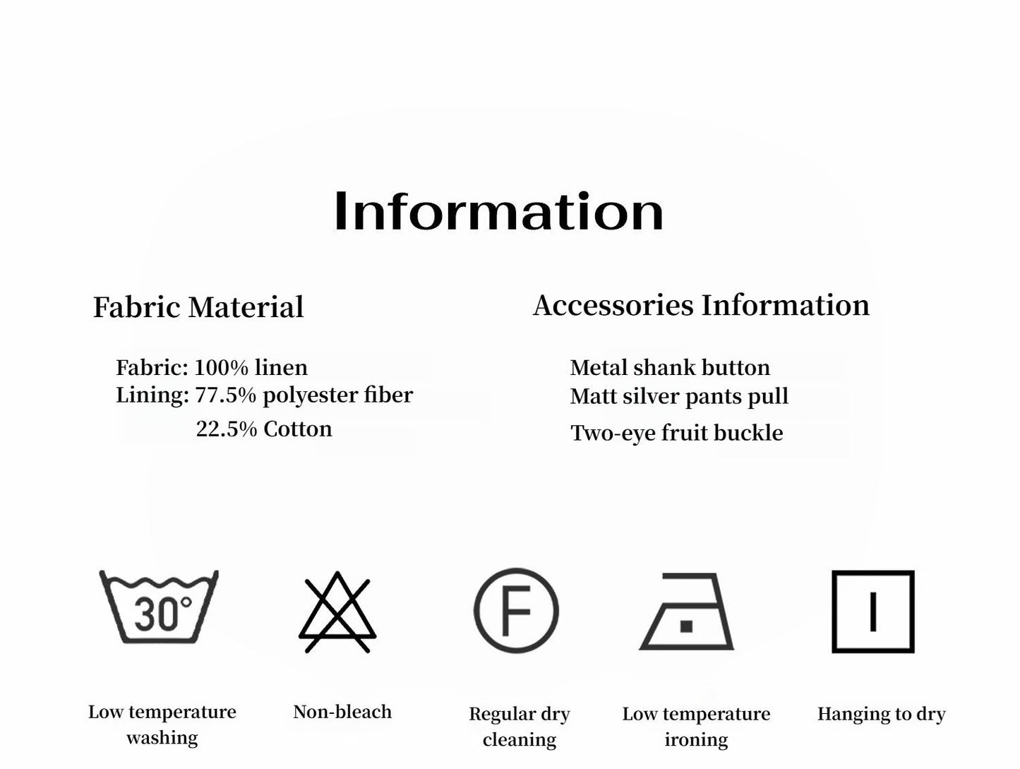 Product information sheet with fabric material, accessories, and care symbols on a white background. This casual lesbian outfit is a perfect example of confident lesbian fashion style and effortless lesbian style.
