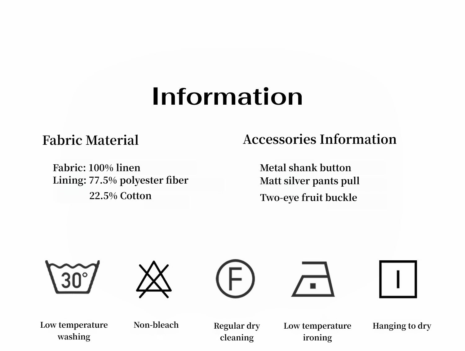 Product information sheet with fabric material, accessories, and care symbols on a white background. This casual lesbian outfit is a perfect example of confident lesbian fashion style and effortless lesbian style.