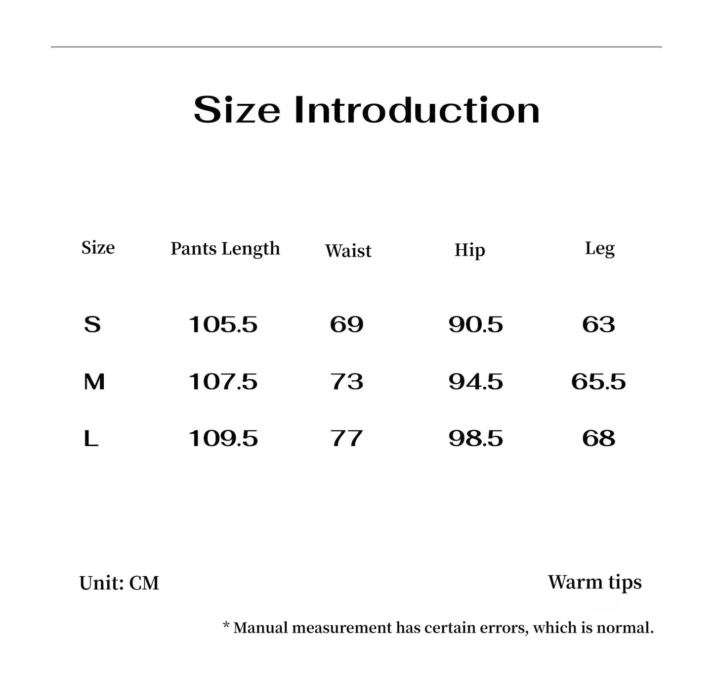 Size introduction chart for pants with measurements in centimeters. This casual lesbian outfit is a perfect example of confident lesbian fashion style and effortless lesbian style.