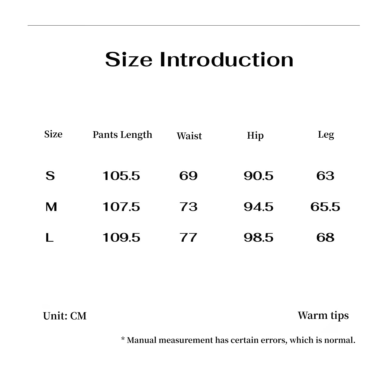 Size introduction chart for pants with measurements in centimeters. This casual lesbian outfit is a perfect example of confident lesbian fashion style and effortless lesbian style.