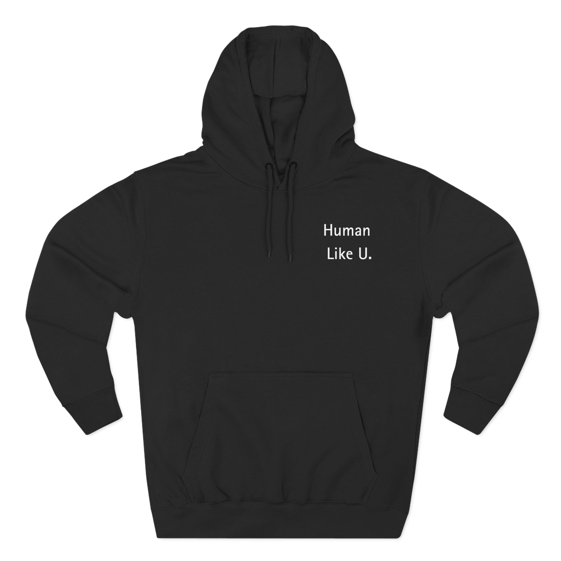 Close-up of a comfortable hoodie with 'Human Like U.' text branding on a white background. This essential piece of lesbian clothing is perfect for a relaxed lesbian style and authentic lesbian fashion.