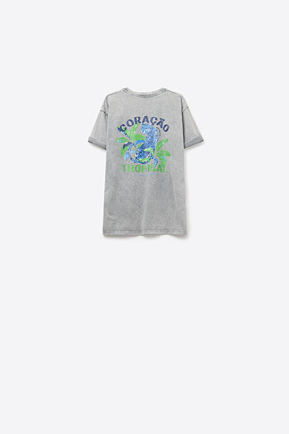 Grey T-Shirt Made in Italy With Tropical Graphic Print