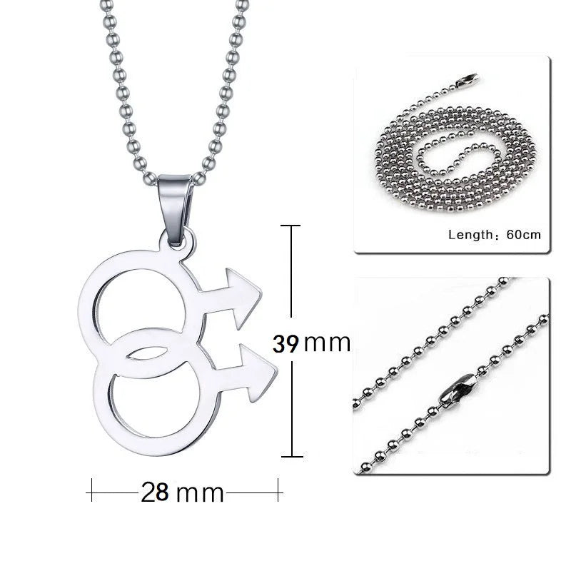Silver necklace featuring a double gender symbol pendant on a dark surface. A key piece of lesbian fashion to define your lesbian style. Essential lesbian attire accessory for a confident lesbian outfit.