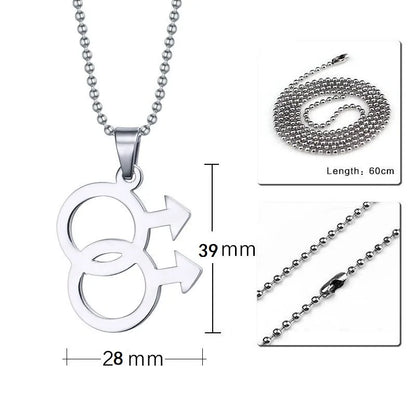 Silver necklace featuring a double gender symbol pendant on a dark surface. A key piece of lesbian fashion to define your lesbian style. Essential lesbian attire accessory for a confident lesbian outfit.