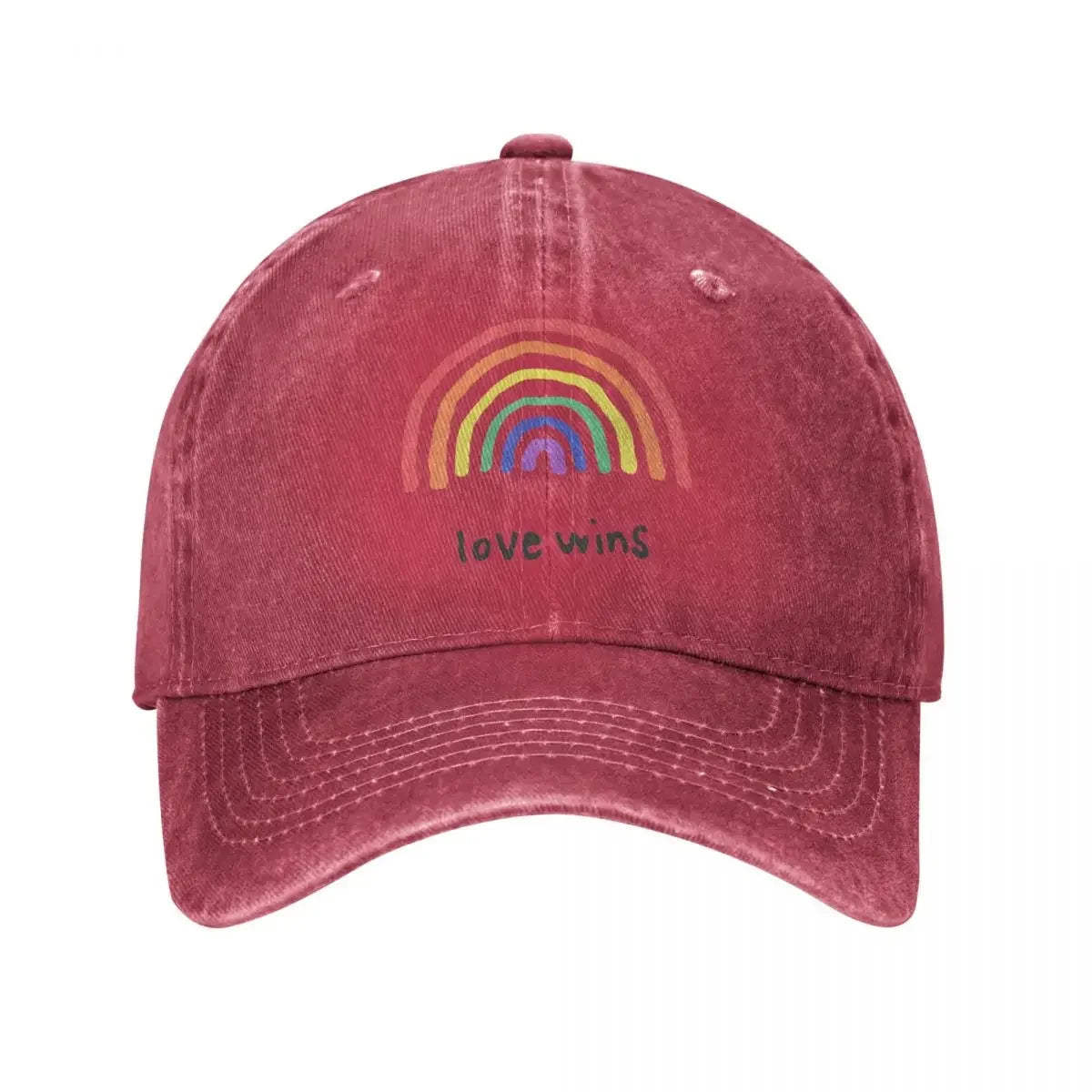 Rainbow 'Love Wins' cap accessory on white background. A must-have piece of lesbian clothing that completes any lesbian outfit and defines your lesbian style.