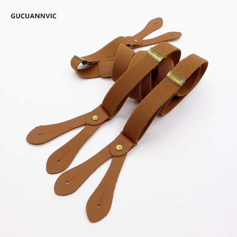 Brown suspenders with gold clips on a white background, branded 'GUCUANNVIC'.