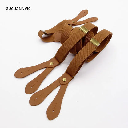 Brown suspenders with gold clips on a white background, branded 'GUCUANNVIC'.