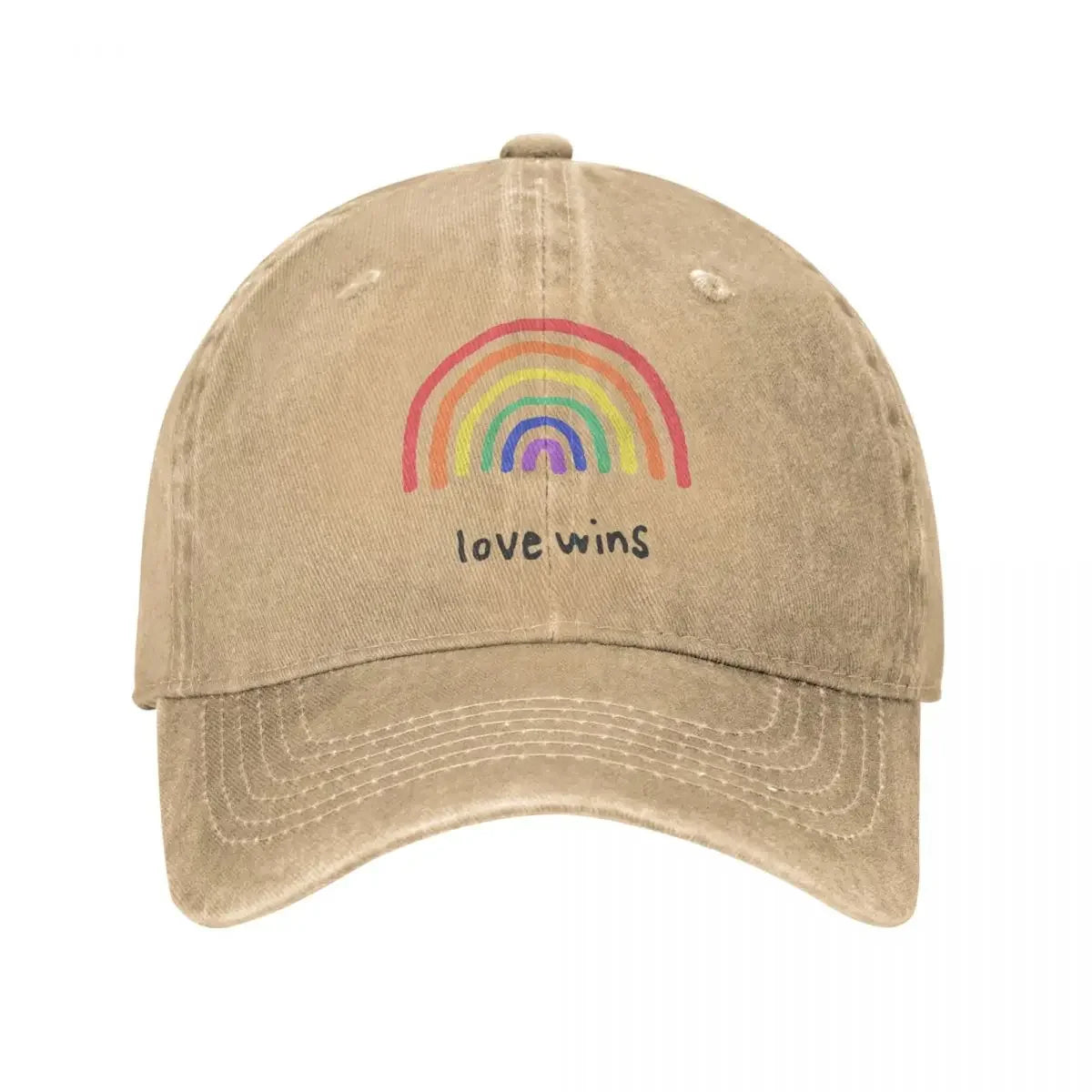 Rainbow 'Love Wins' cap accessory on white background. A must-have piece of lesbian clothing that completes any lesbian outfit and defines your lesbian style.