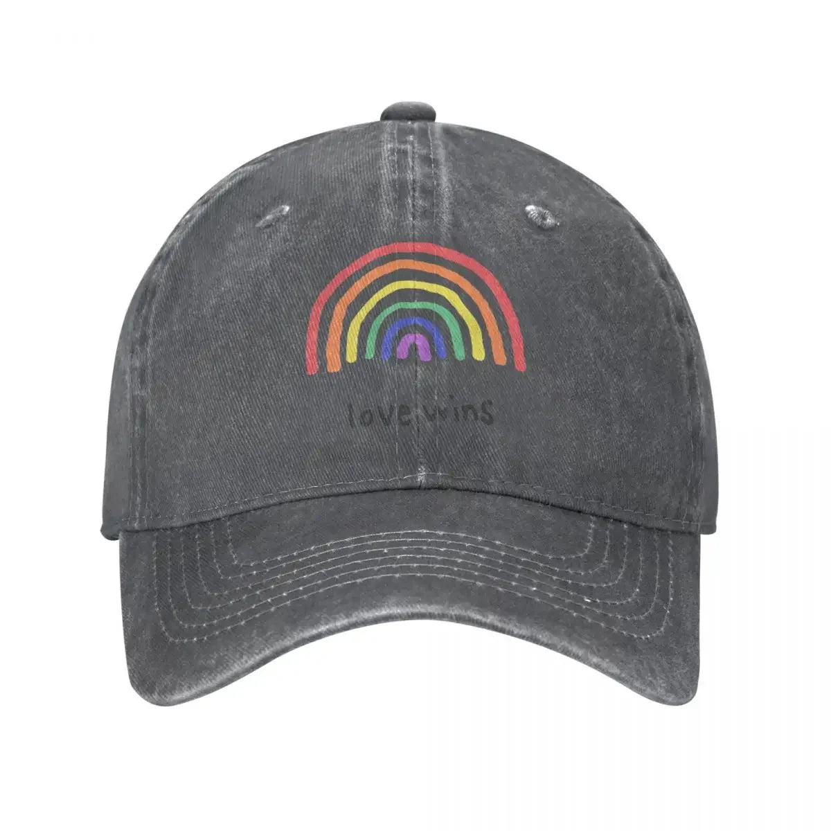 Rainbow 'Love Wins' cap accessory on white background. A must-have piece of lesbian clothing that completes any lesbian outfit and defines your lesbian style.