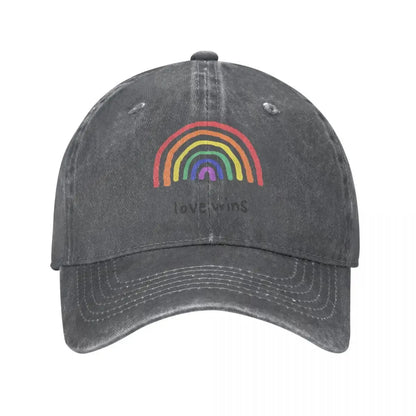 Rainbow 'Love Wins' cap accessory on white background. A must-have piece of lesbian clothing that completes any lesbian outfit and defines your lesbian style.
