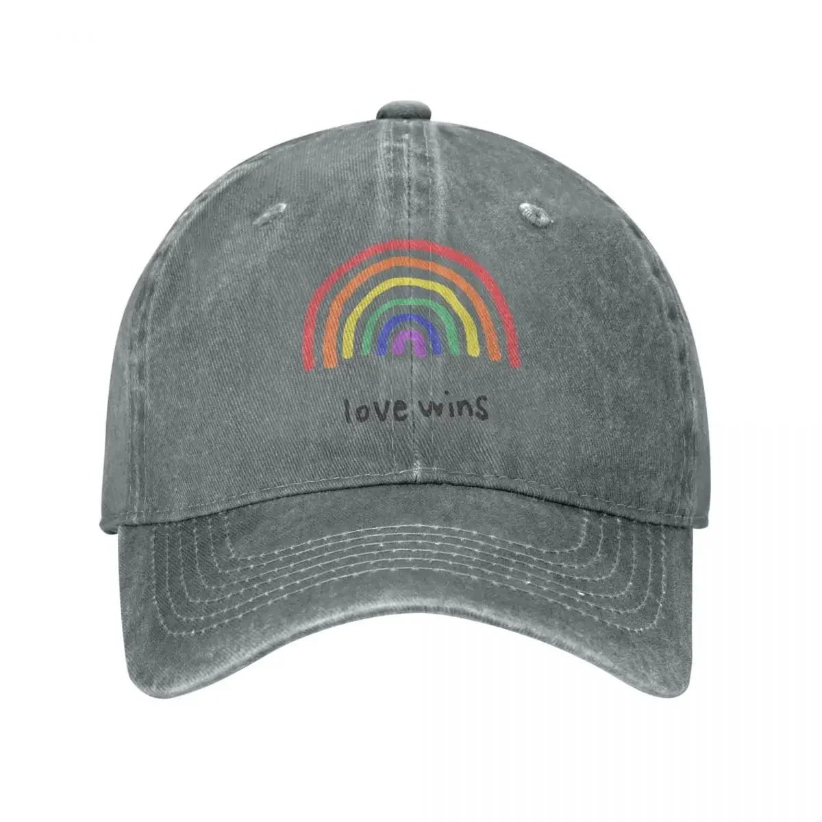 Rainbow 'Love Wins' cap accessory on white background. A must-have piece of lesbian clothing that completes any lesbian outfit and defines your lesbian style.