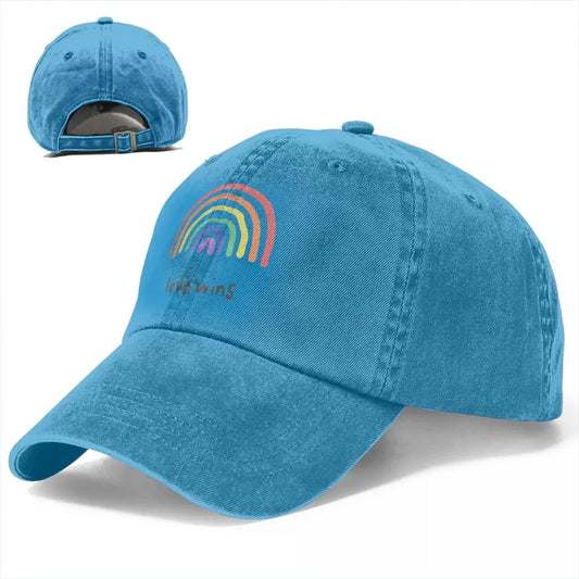 Rainbow 'Love Wins' cap accessory on white background. A must-have piece of lesbian clothing that completes any lesbian outfit and defines your lesbian style.