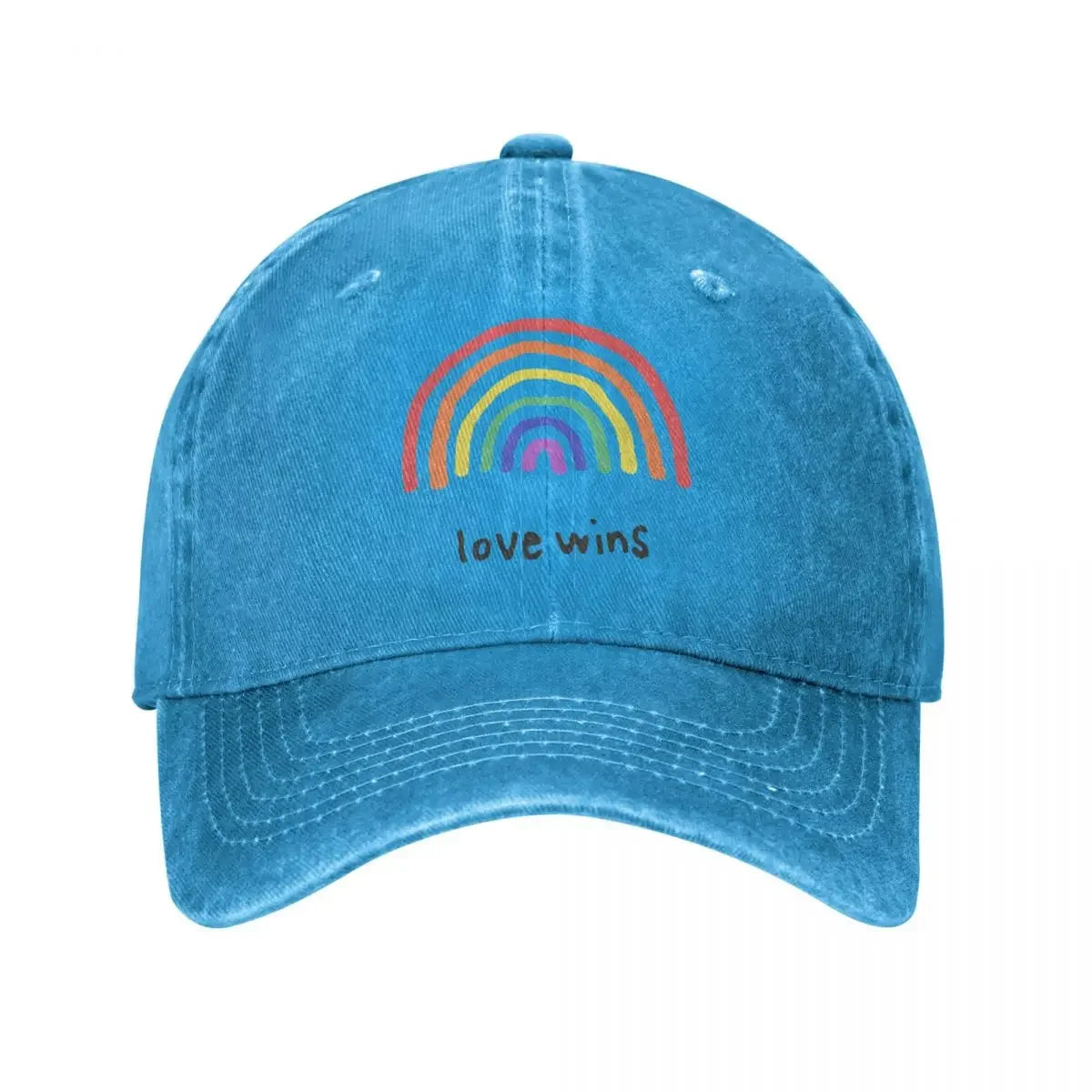 Rainbow 'Love Wins' cap accessory on white background. A must-have piece of lesbian clothing that completes any lesbian outfit and defines your lesbian style.