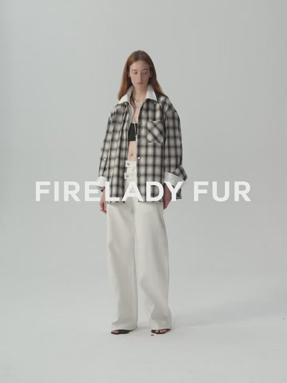 Person wearing a plaid shirt and white pants on a gray background with 'FIRELADY FUR' text. This casual lesbian outfit is a perfect example of confident lesbian fashion style and effortless lesbian style.